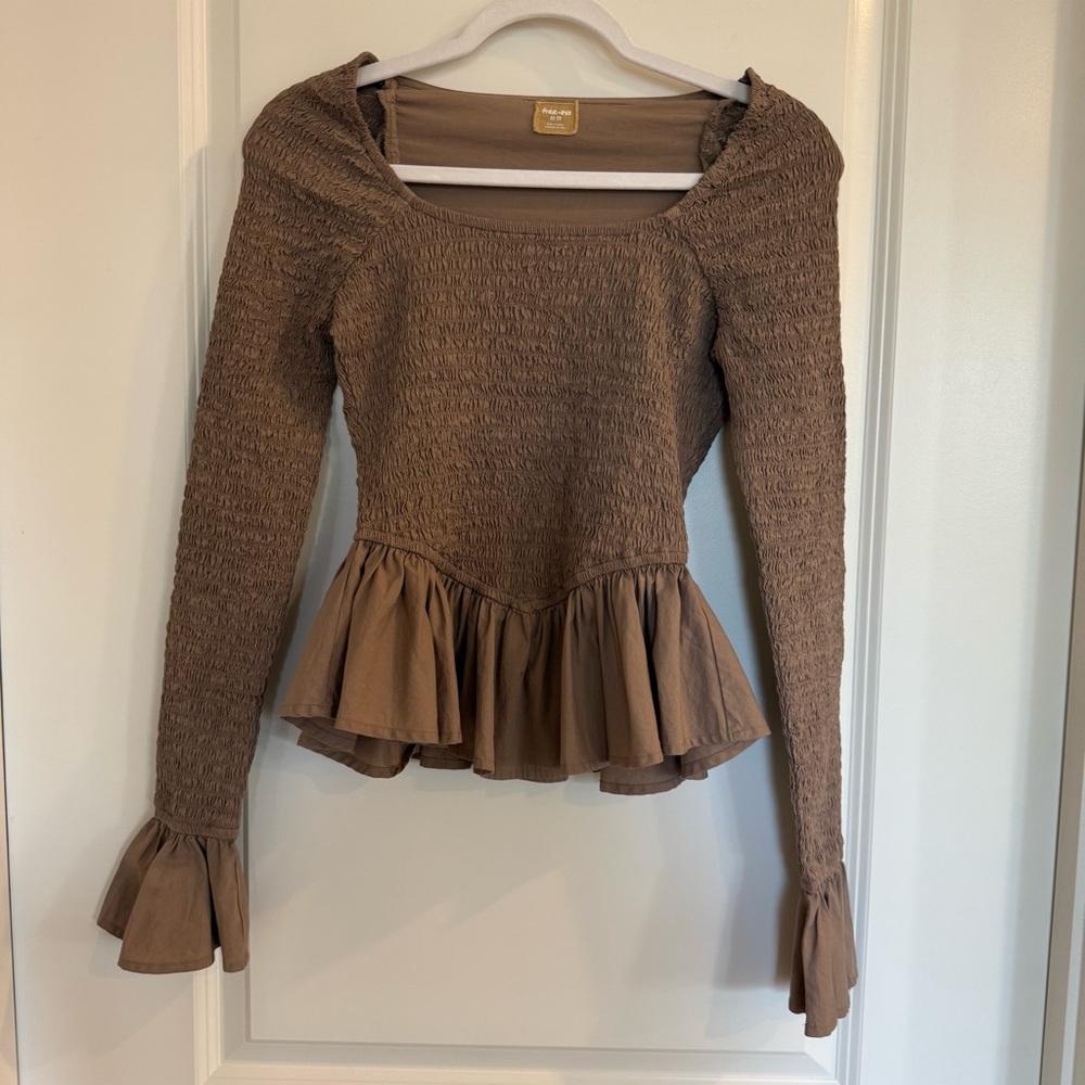 Free People Tropical Vibes Smocked Peplum Long Sleeve Top-Brown - Picture 3 of 8